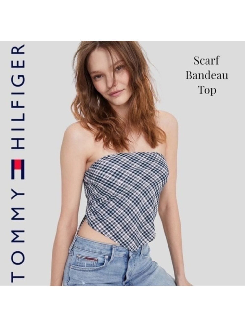 TOMMY JEANS NWT Plaid Smocked-Back-Panel Back-Tie Strapless Scarf Bandeau Top